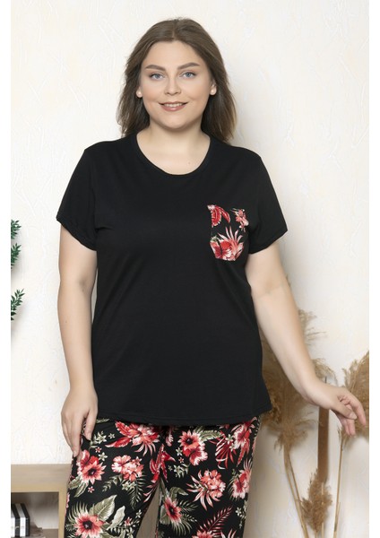 Büyük Beden Siyah Renkli Çiçek Desenli Kısa Kollu Battal Pijama Takımı B-11