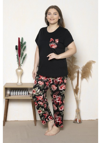 Büyük Beden Siyah Renkli Çiçek Desenli Kısa Kollu Battal Pijama Takımı B-11 fiyatları