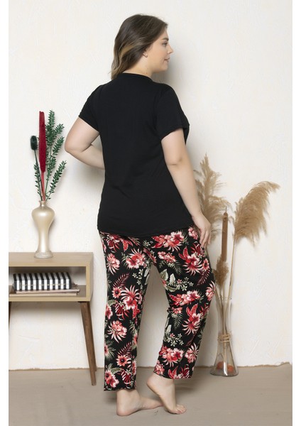 Büyük Beden Siyah Renkli Çiçek Desenli Kısa Kollu Battal Pijama Takımı B-11 modelleri