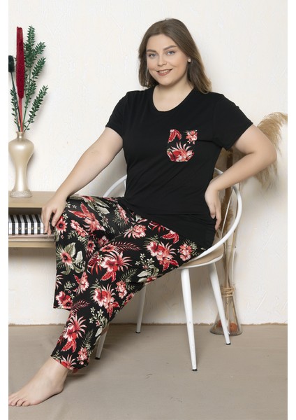 Büyük Beden Siyah Renkli Çiçek Desenli Kısa Kollu Battal Pijama Takımı B-11 fırsatları