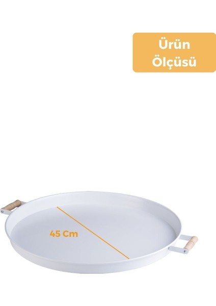 Metal 45 cm Beyaz Ahşap Kulplu Yuvarlak Tepsi, Kahvaltı Tepsisi, Sunum Tepsisi modelleri