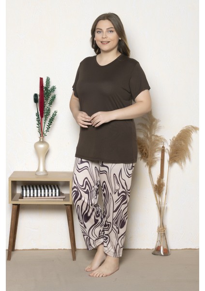 Büyük Beden Kahve Renkli Desenli Kısa Kollu Battal Pijama Takımı B-10 fırsatları