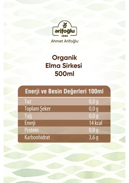 Organik Elma Sirkesi 500 ml + 500ml 2 Li Set