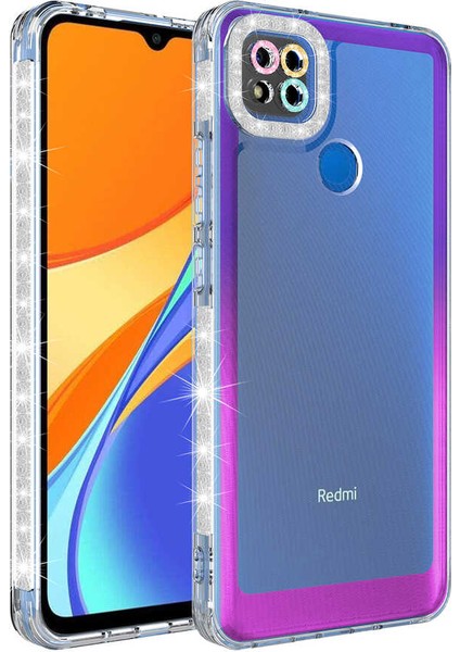 Xiaomi Redmi 9c Kılıf Simli ve Renk Geçiş Tasarımlı Lens Korumalı Iksp Park Kapak-Mor-Pembe