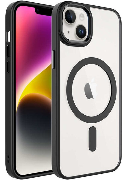 Apple iPhone 14 Plus Kılıf Wireless Şarj Özellikli Krom Magsafe Silikon Kapak-Siyah