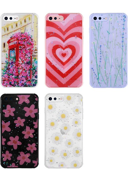 iPhone 8 Plus Kılıf Simli Desenli Kamera Korumalı Parlak Iksp Popy Kapak-Kalp