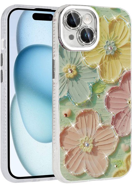 Apple iPhone 15 Kılıf Çiçek Desenli Parlak Taşlı Sert Silikon Iksp Garden Kapak-Colorful