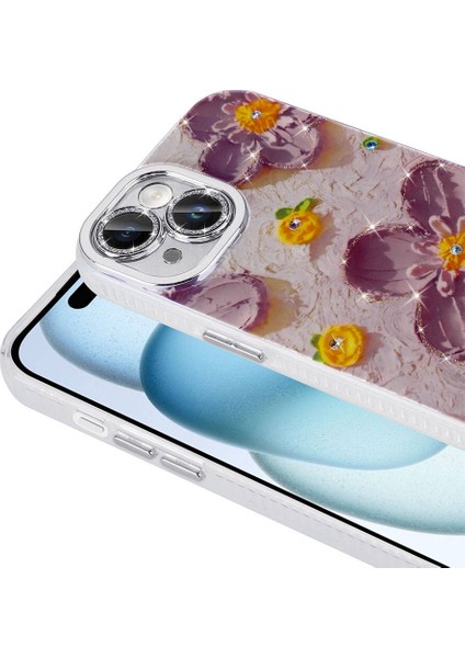 Apple iPhone 15 Kılıf Çiçek Desenli Parlak Taşlı Sert Silikon Iksp Garden Kapak-Colorful