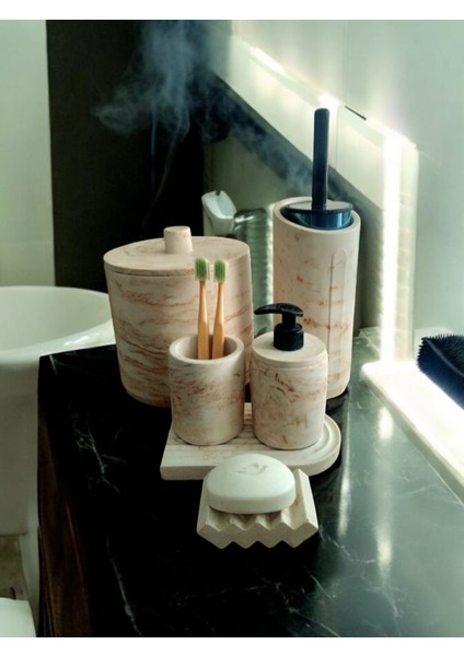 Mermer Serisi Kahve Bej Beton Banyo Seti,çöp Kovasi,tuvalet Fırçası,havluluk,tepsi,sıvı Sabunluk ve Katı Sabunluk