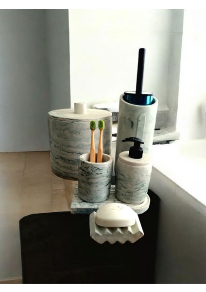 Mermer Desen Yeşil Beton Banyo Seti,çöp Kovasi ve Fırçası,katı,sıvı Sabunluk,diş Fırçalık,mumluk,tepsi