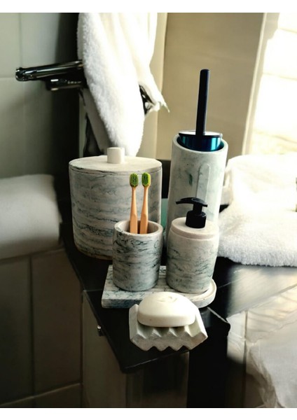 Mermer Desen Yeşil Beton Banyo Seti,çöp Kovasi ve Fırçası,katı,sıvı Sabunluk,diş Fırçalık,mumluk,tepsi