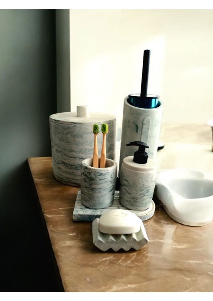 Mermer Desen Yeşil Beton Banyo Seti,çöp Kovasi ve Fırçası,katı,sıvı Sabunluk,diş Fırçalık,mumluk,tepsi