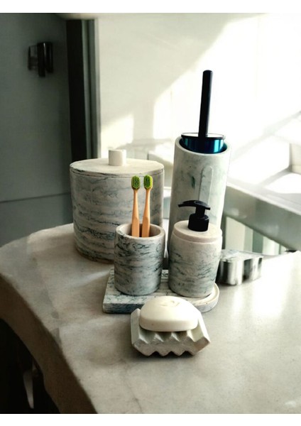 Mermer Desen Yeşil Beton Banyo Seti,çöp Kovasi ve Fırçası,katı,sıvı Sabunluk,diş Fırçalık,mumluk,tepsi