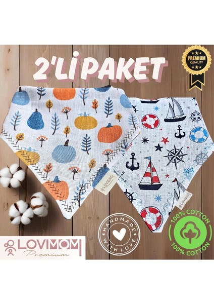 2'li Paket Premium %100 Pamuk Ekstra Soft 2 Kat Müslin Bebek Fuları Salya & Mama Önlüğü 3 Çıtçıtlı