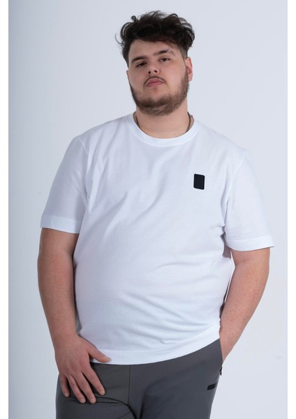 Büyük Beden Erkek Bisiklet Yaka Beyaz T-shirt