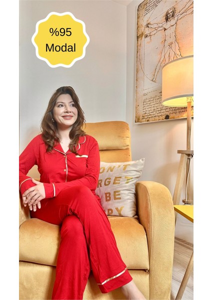 Kadın Kırmızı Uzun Kollu Gold Biyeli Mikro Modal Pijama Takımı