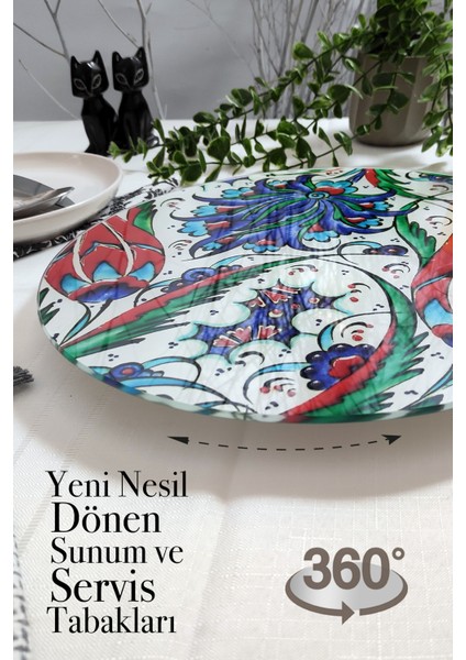 Çini Desenli Dönen Standlı Lüx Servis Sunum Tabağı, Peynir Tabağı, Döner Pasta Standı
