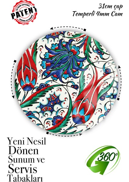 Çini Desenli Dönen Standlı Lüx Servis Sunum Tabağı, Peynir Tabağı, Döner Pasta Standı