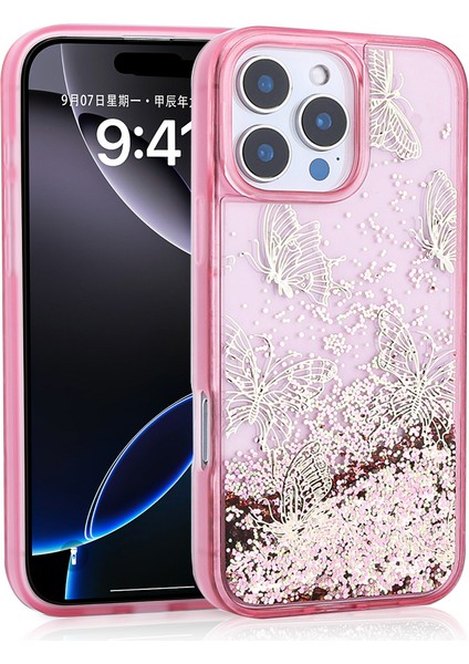 Apple iPhone 16 Pro Max Uyumlu Kılıf Sıvılı Simli Kelebek Baskılı Şeffaf Arka Yüzey Glis Silikon Kapa