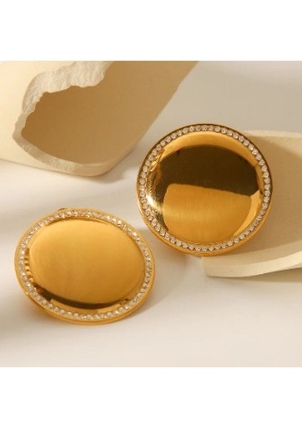 Gold Renk Sıra Taşlı Yuvarlak Çivi Modeli Çelik Küpe