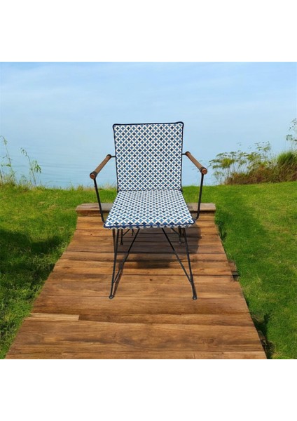 40*80 Duck Kumaş Mavi Geometrik Desenli 4 cm Lik Sırtlı Sandalye Minderi