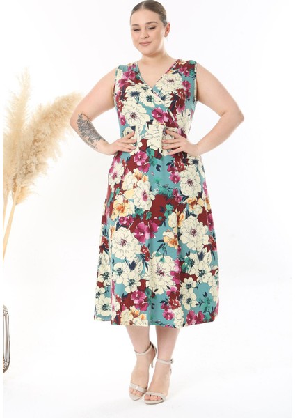 Kadın Yeşil Bordo Çiçek Desen Kolsuz Kruvaze Yaka Büyük Beden Maxi Elbise