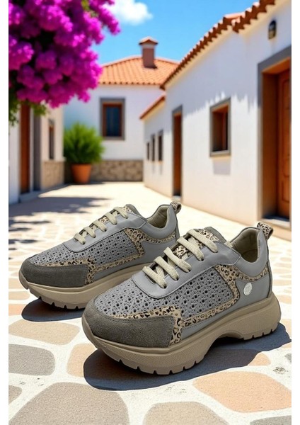 D25YA-7325 Gri Leopar Desen Kadın Sneaker Deri Tam Ortopedik Casual Günlük Kadın Ayakkabı indirimleri