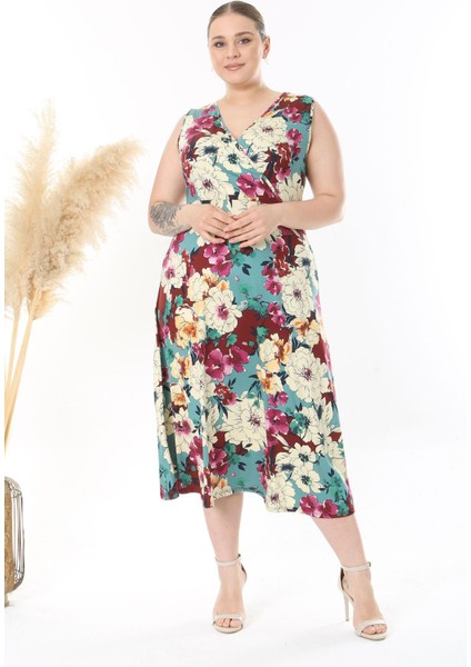 Kadın Yeşil Bordo Çiçek Desen Kolsuz Kruvaze Yaka Büyük Beden Maxi Elbise fiyatları