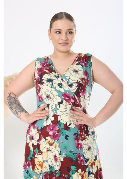 Kadın Yeşil Bordo Çiçek Desen Kolsuz Kruvaze Yaka Büyük Beden Maxi Elbise fırsatları