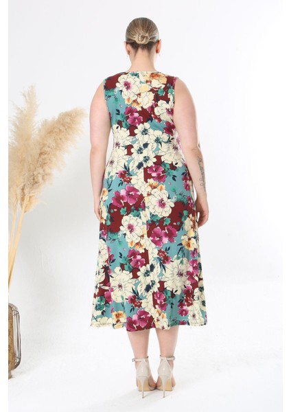 Kadın Yeşil Bordo Çiçek Desen Kolsuz Kruvaze Yaka Büyük Beden Maxi Elbise indirimleri