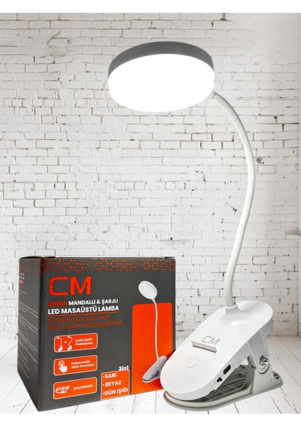 cm 3 Işık Modlu LED Masa Lambası Mandallı, USB Şarjlı, Taşınabilir