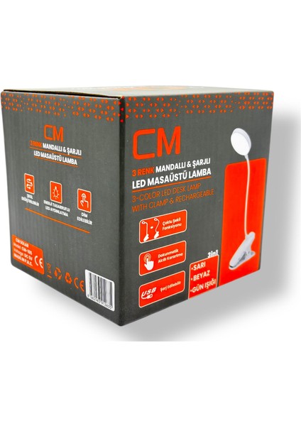 cm 3 Işık Modlu LED Masa Lambası Mandallı, USB Şarjlı, Taşınabilir
