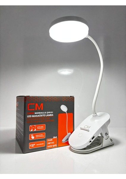 cm 3 Işık Modlu LED Masa Lambası Mandallı, USB Şarjlı, Taşınabilir