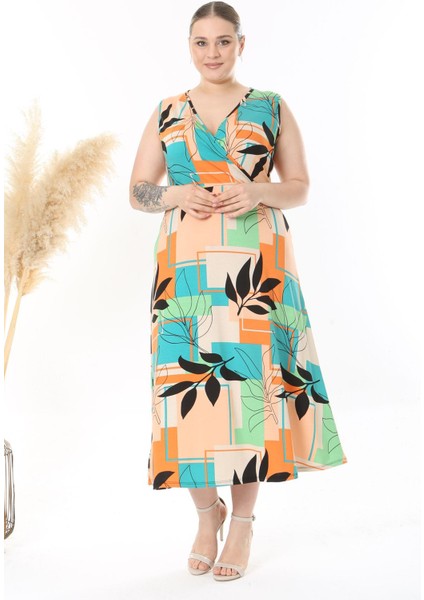 Kadın Turuncu Yeşil Geometrik Floral Desen Kolsuz Kruvaze Yaka Büyük Beden Maxi Elbise fiyatları