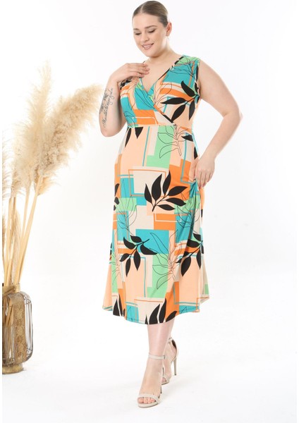 Kadın Turuncu Yeşil Geometrik Floral Desen Kolsuz Kruvaze Yaka Büyük Beden Maxi Elbise modelleri