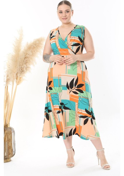 Kadın Turuncu Yeşil Geometrik Floral Desen Kolsuz Kruvaze Yaka Büyük Beden Maxi Elbise fırsatları