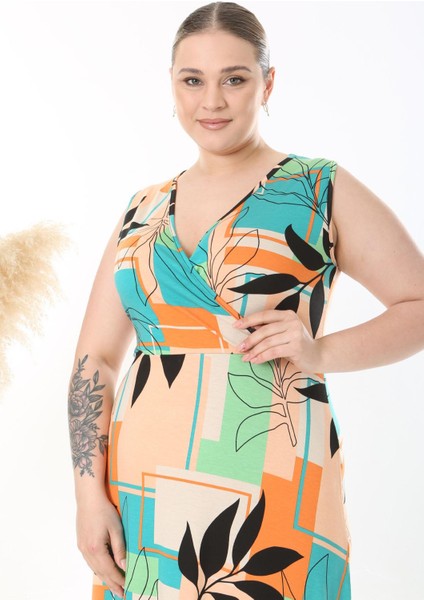 Kadın Turuncu Yeşil Geometrik Floral Desen Kolsuz Kruvaze Yaka Büyük Beden Maxi Elbise indirimleri