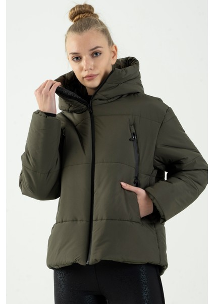 Oversize Kadın Kapşonlu Uzun Kol Haki Mont 21481