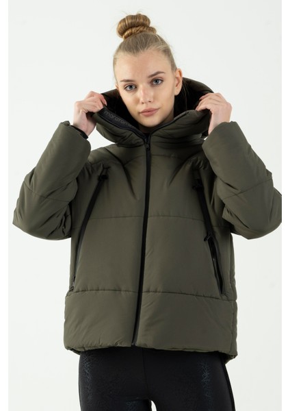 Oversize Kadın Kapşonlu Uzun Kol Haki Mont 21481