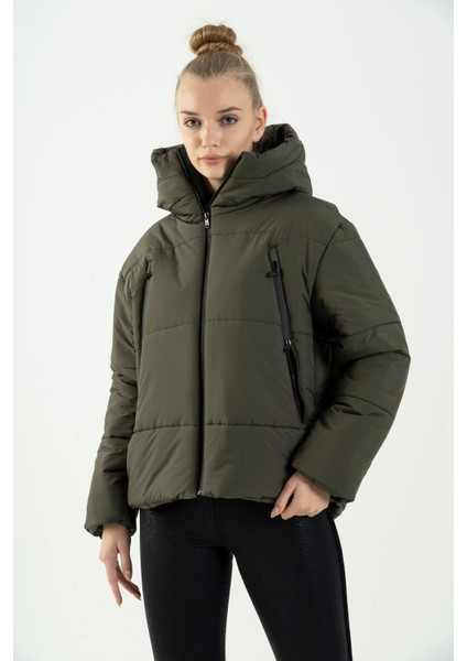 Oversize Kadın Kapşonlu Uzun Kol Haki Mont 21481