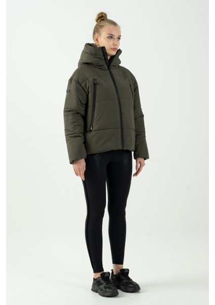 Oversize Kadın Kapşonlu Uzun Kol Haki Mont 21481