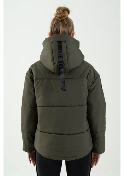 Oversize Kadın Kapşonlu Uzun Kol Haki Mont 21481
