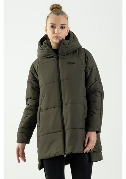 Oversize Kadın Kapşonlu Uzun Kol Haki Mont 21903