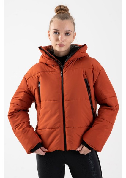 Oversize Kadın Kapşonlu Uzun Kol Kiremit Mont 21481