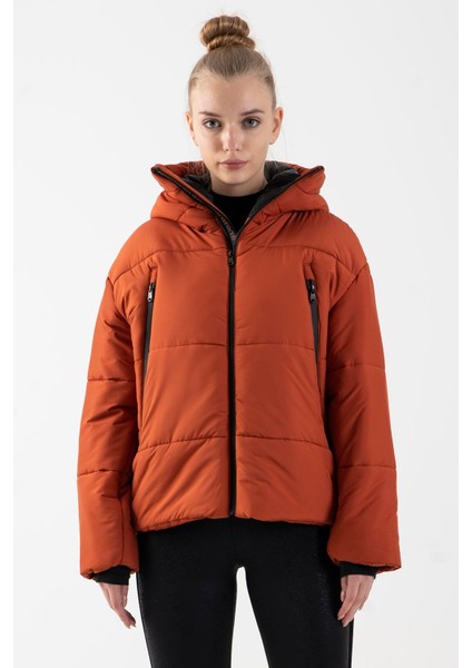 Oversize Kadın Kapşonlu Uzun Kol Kiremit Mont 21481