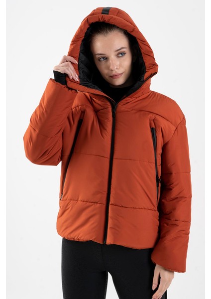Oversize Kadın Kapşonlu Uzun Kol Kiremit Mont 21481