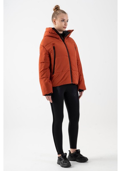 Oversize Kadın Kapşonlu Uzun Kol Kiremit Mont 21481
