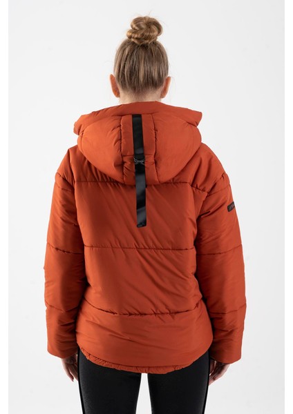 Oversize Kadın Kapşonlu Uzun Kol Kiremit Mont 21481