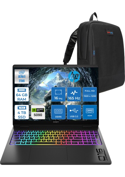 Omen Max 16-AH0005NT Intel Core Ultra 9 275HX 64GB Ddr5 4tb SSD 24GB Nvıdıa RTX5090 16 Inç Full Hd+ 165Hz 3ms IPS Freedos Siyah OB92QNEAF15 + Zetta Çanta