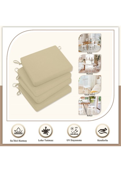 Canvas 4'lü Açık Bej Sıvı Geçirmez Leke Tutmaz Fermuarlı Bağcıklı Sandalye Minderi 40 x 40 cm